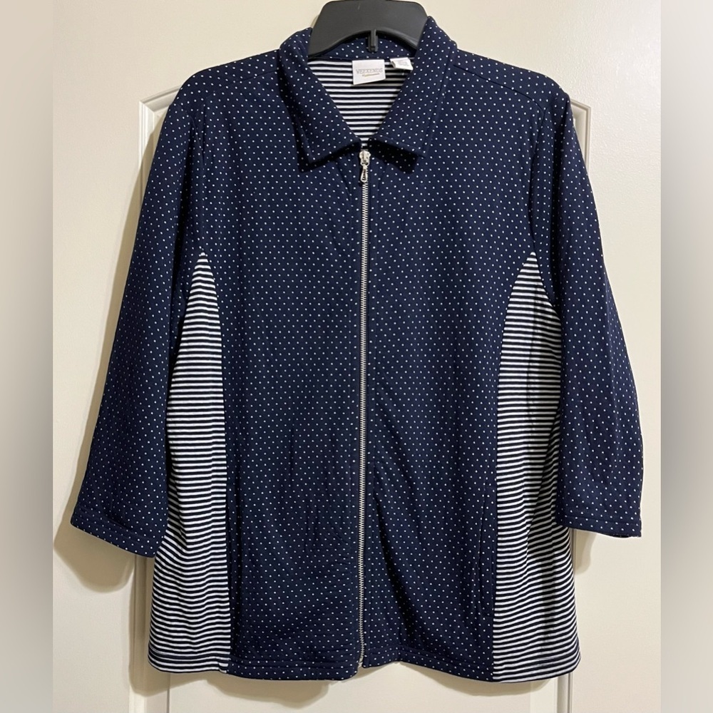 Weekends by Chico's Navy Blue White Polka Dots Striped Zip Up Sweater Sz 2 Lg